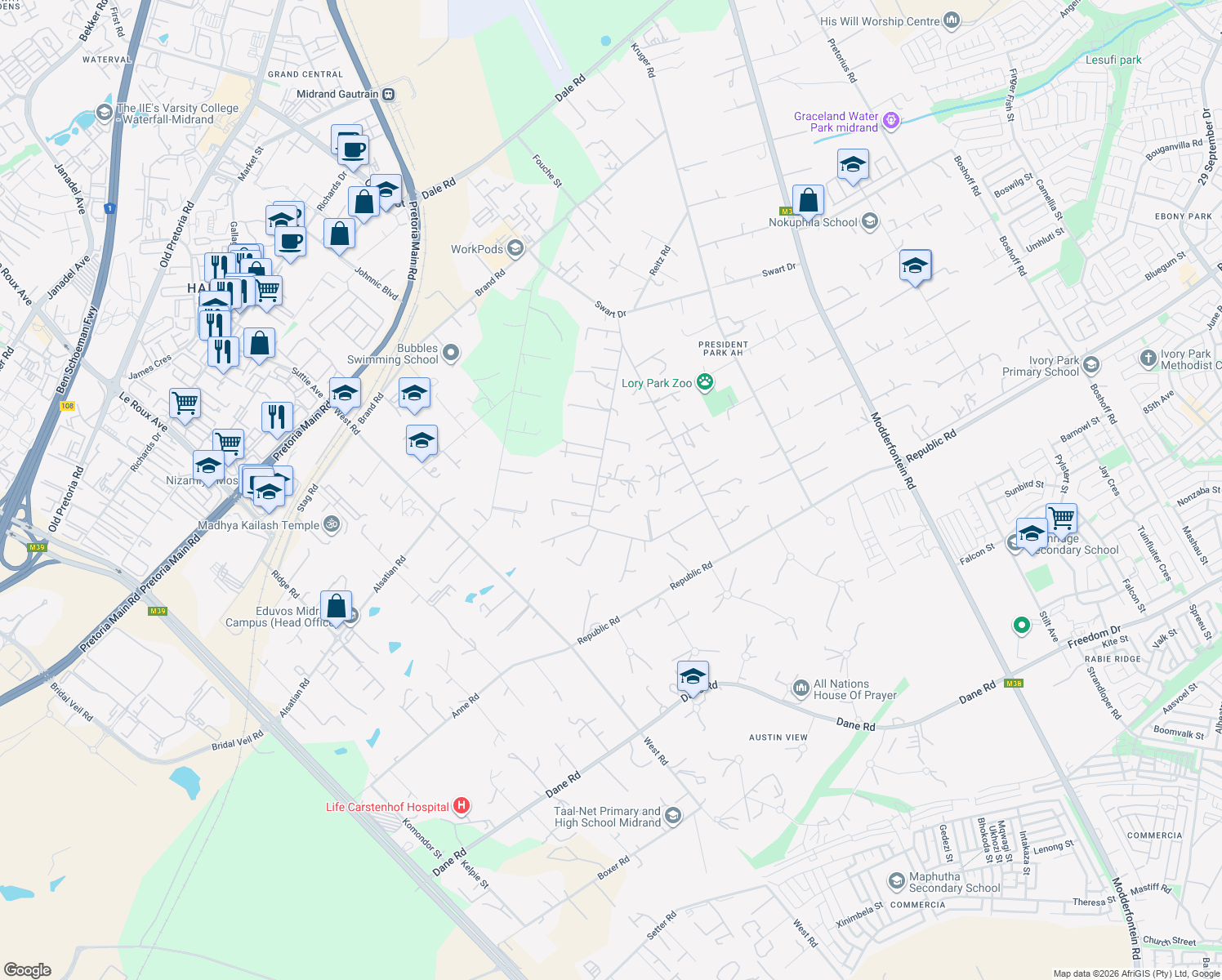 map of restaurants, bars, coffee shops, grocery stores, and more near in Midrand
