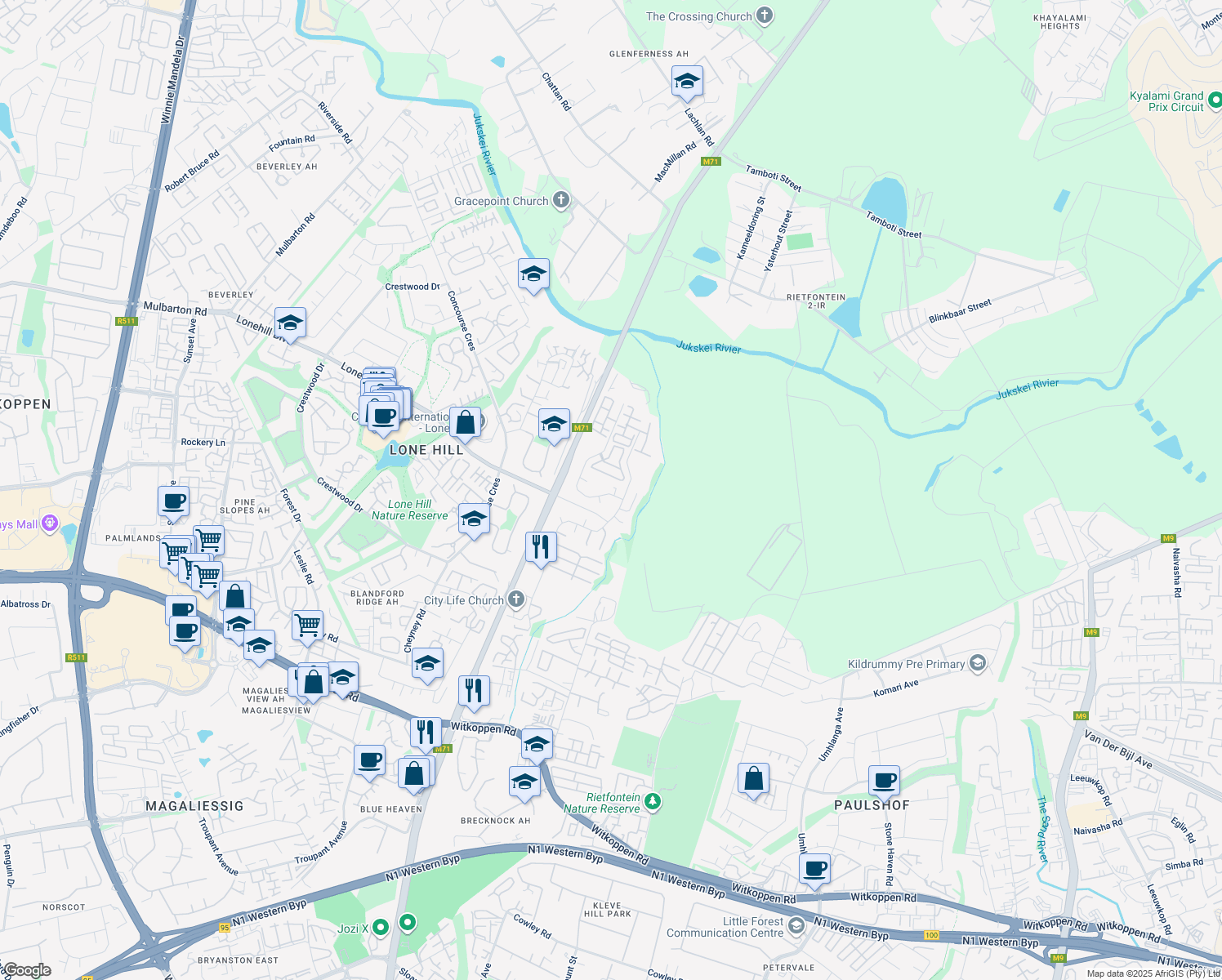map of restaurants, bars, coffee shops, grocery stores, and more near 6 Aston Road in Sandton