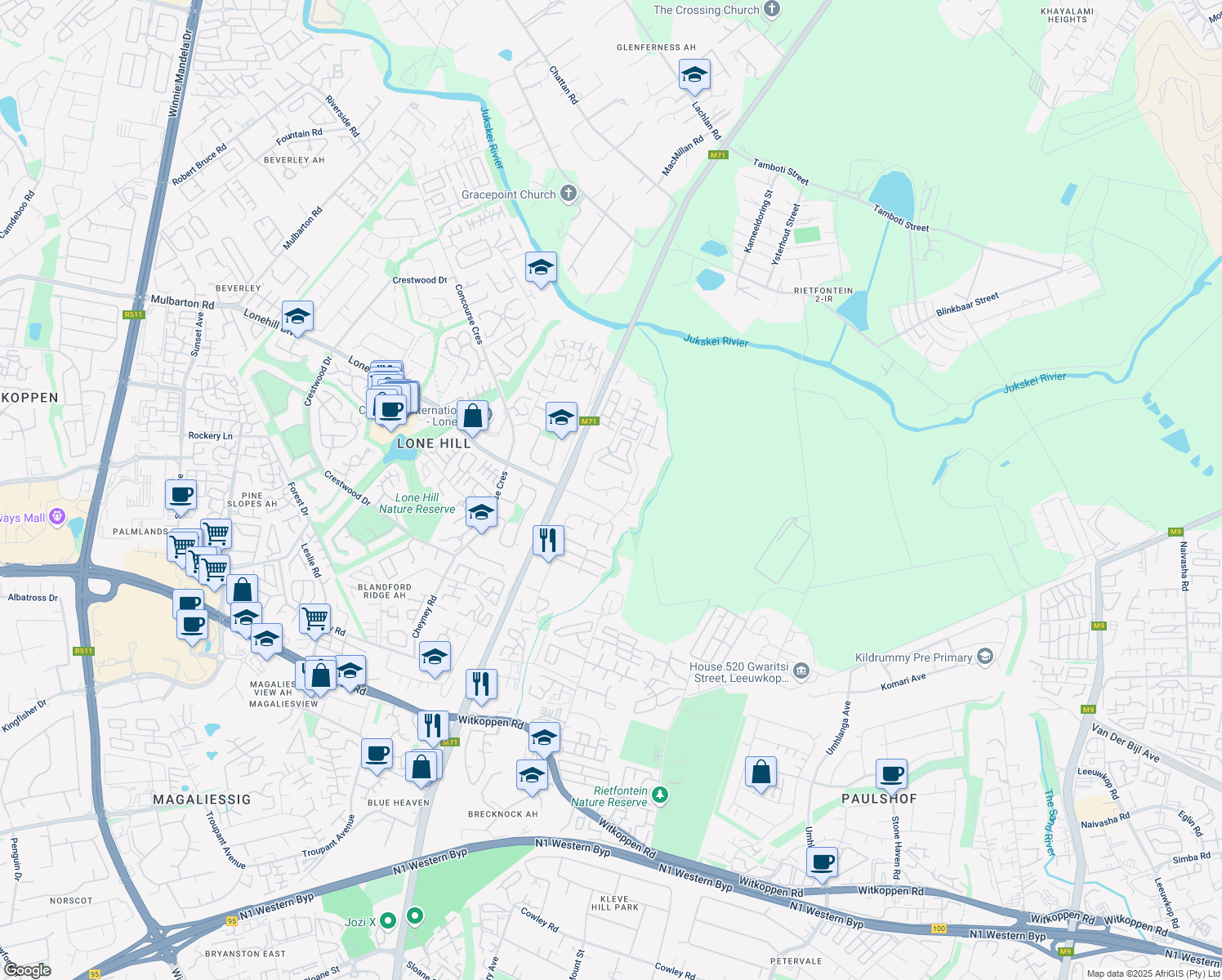 map of restaurants, bars, coffee shops, grocery stores, and more near 6 Aston Road in Sandton