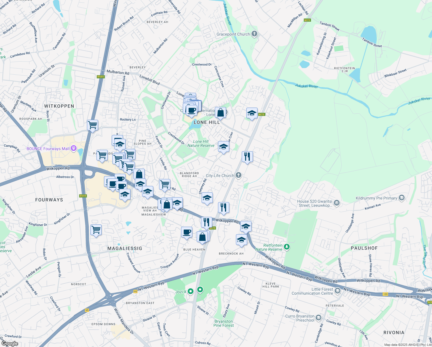 map of restaurants, bars, coffee shops, grocery stores, and more near 650 Dennis Road in Sandton