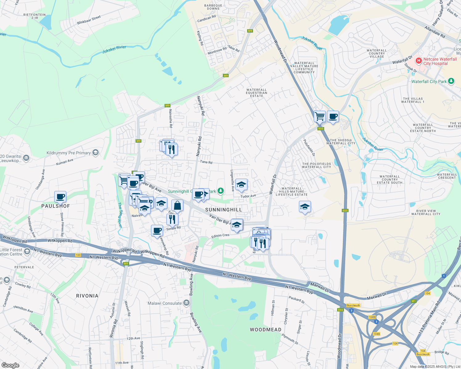 map of restaurants, bars, coffee shops, grocery stores, and more near 21 Lingerette Avenue in Sandton