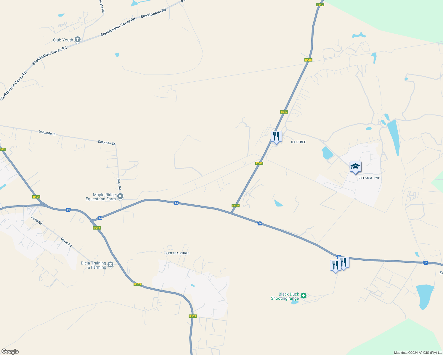 map of restaurants, bars, coffee shops, grocery stores, and more near Kromdraai Road in Krugersdorp