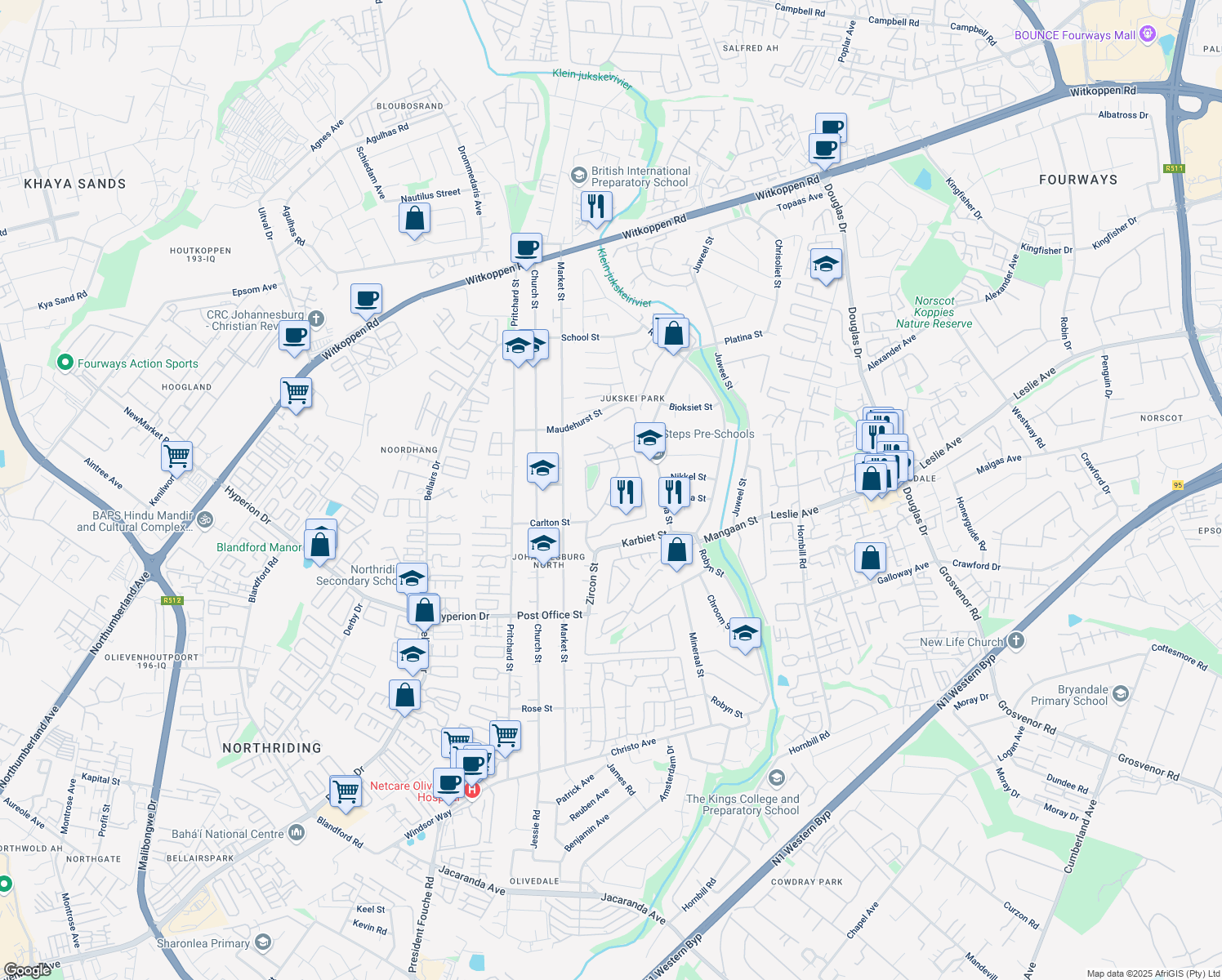 map of restaurants, bars, coffee shops, grocery stores, and more near 2 Carlton St in Randburg