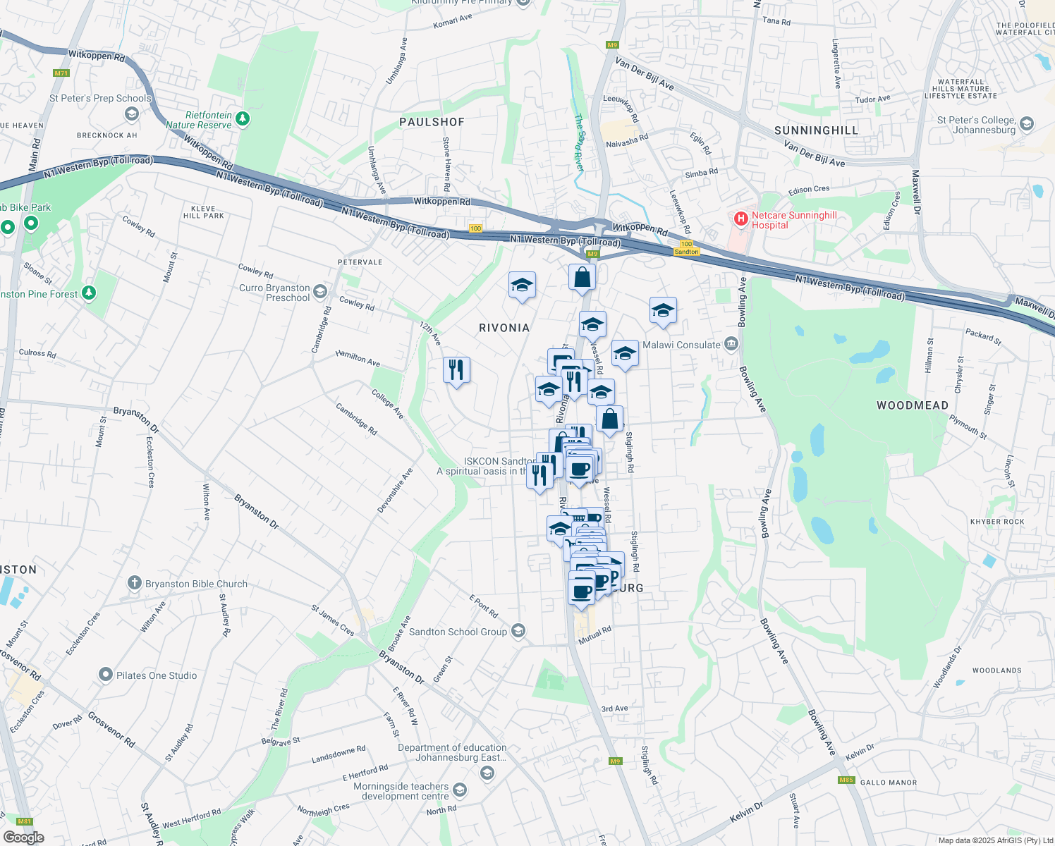 map of restaurants, bars, coffee shops, grocery stores, and more near Henry Road in Sandton