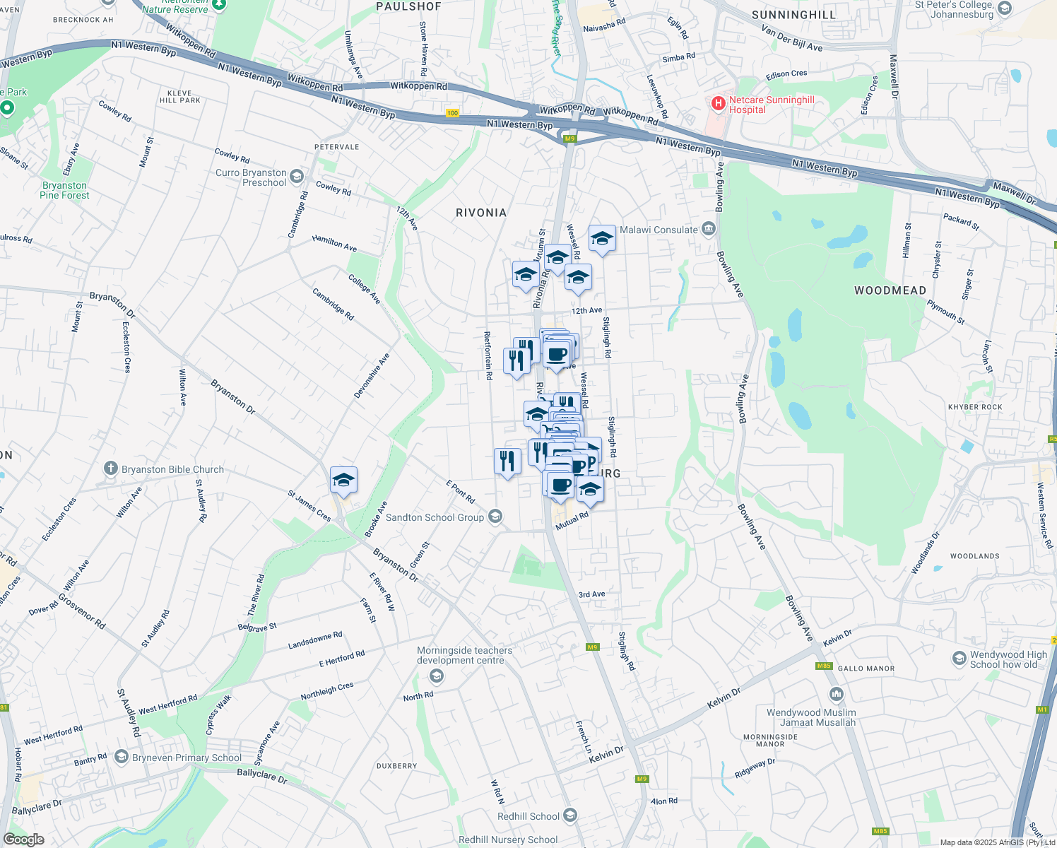 map of restaurants, bars, coffee shops, grocery stores, and more near Henry Road in Sandton