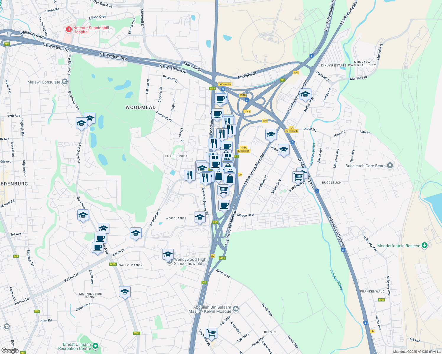 map of restaurants, bars, coffee shops, grocery stores, and more near Waterval Crescent South in Sandton