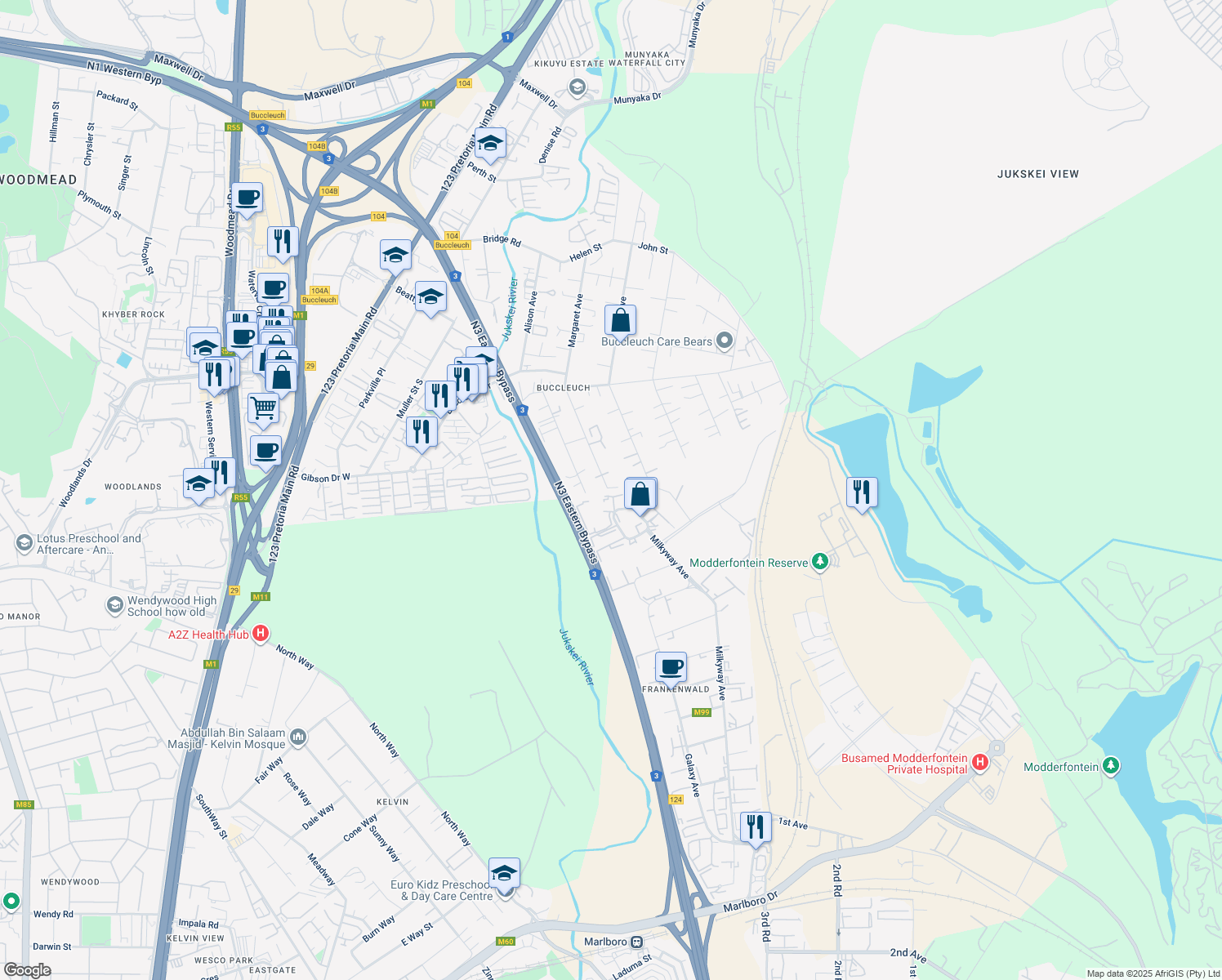 map of restaurants, bars, coffee shops, grocery stores, and more near 2A Margaret Avenue in Sandton