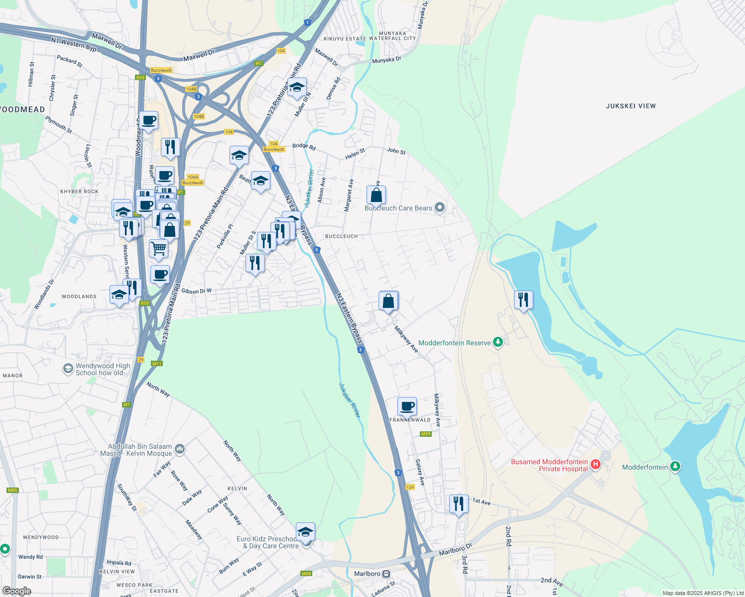 map of restaurants, bars, coffee shops, grocery stores, and more near 2A Margaret Avenue in Sandton