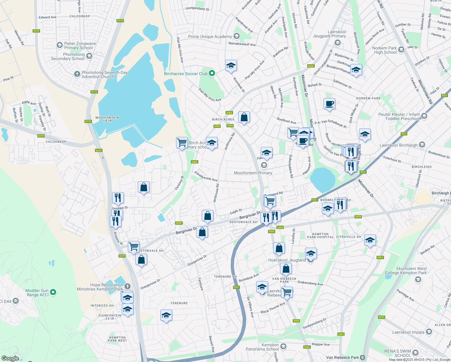 map of restaurants, bars, coffee shops, grocery stores, and more near Paradysvink Avenue in Kempton Park