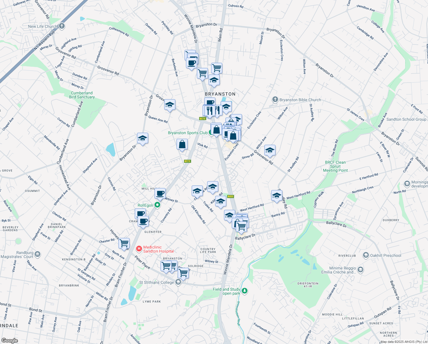 map of restaurants, bars, coffee shops, grocery stores, and more near 23 Kildoon Road in Sandton