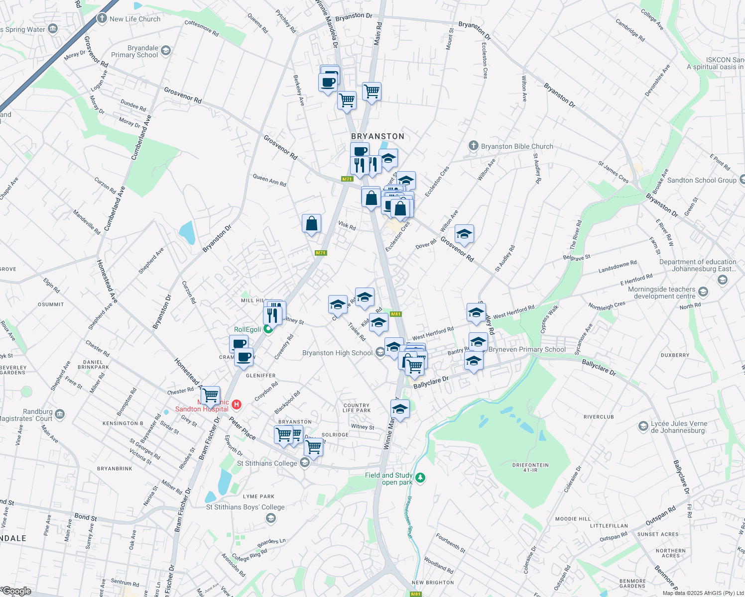 map of restaurants, bars, coffee shops, grocery stores, and more near 23 Kildoon Road in Sandton