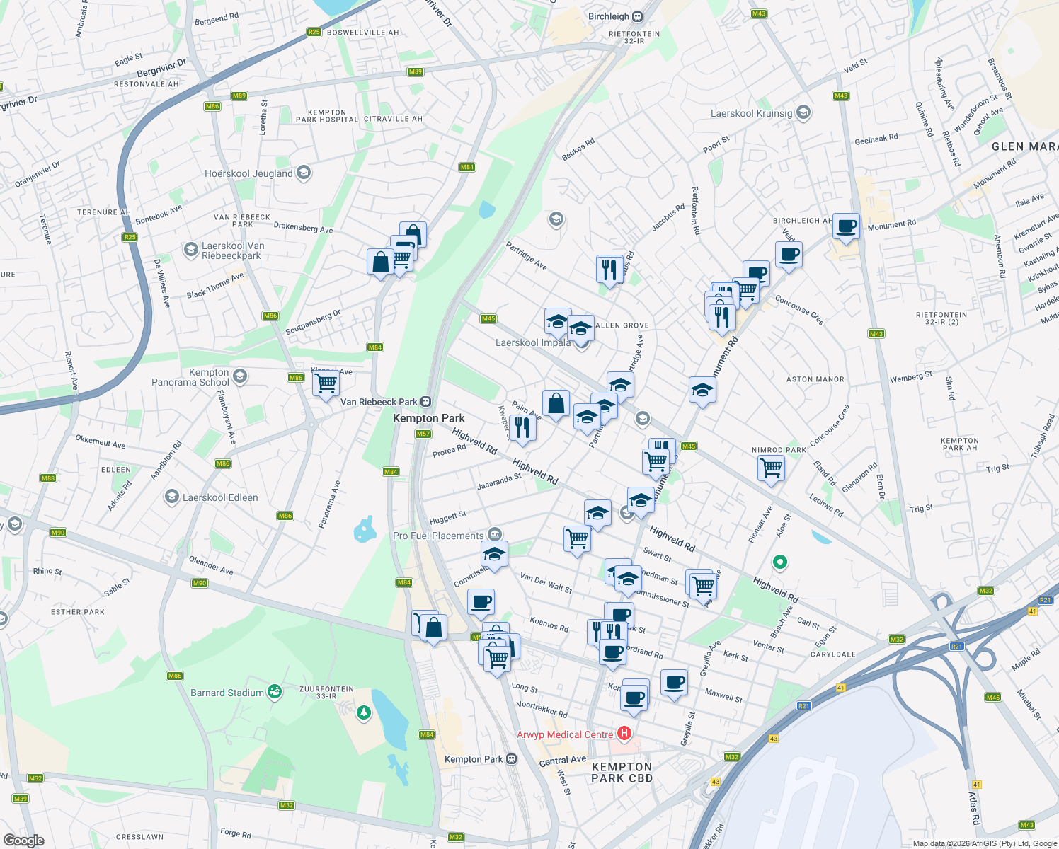 map of restaurants, bars, coffee shops, grocery stores, and more near 58 Doringboom Street in Kempton Park