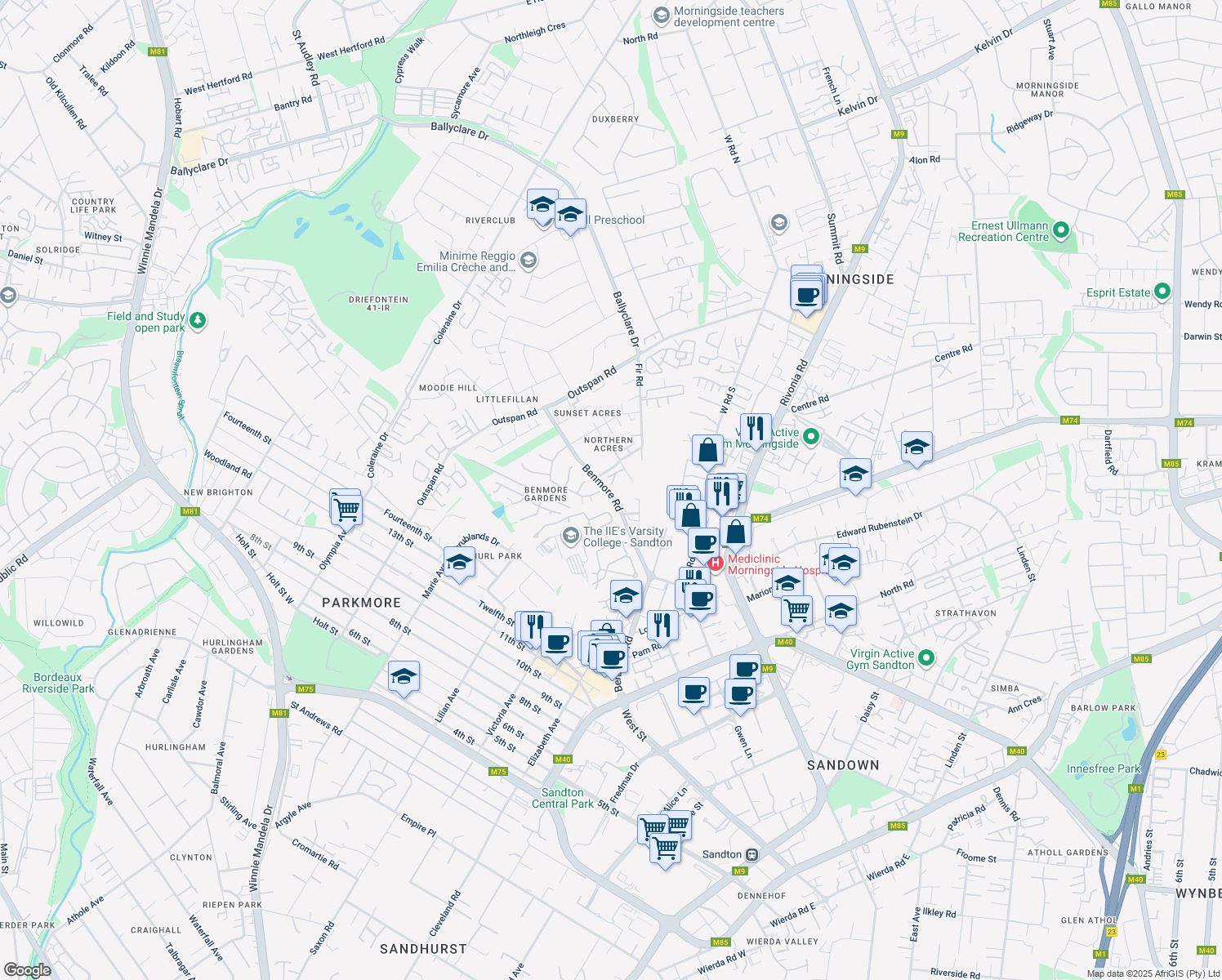 map of restaurants, bars, coffee shops, grocery stores, and more near Benmore Road in Sandton