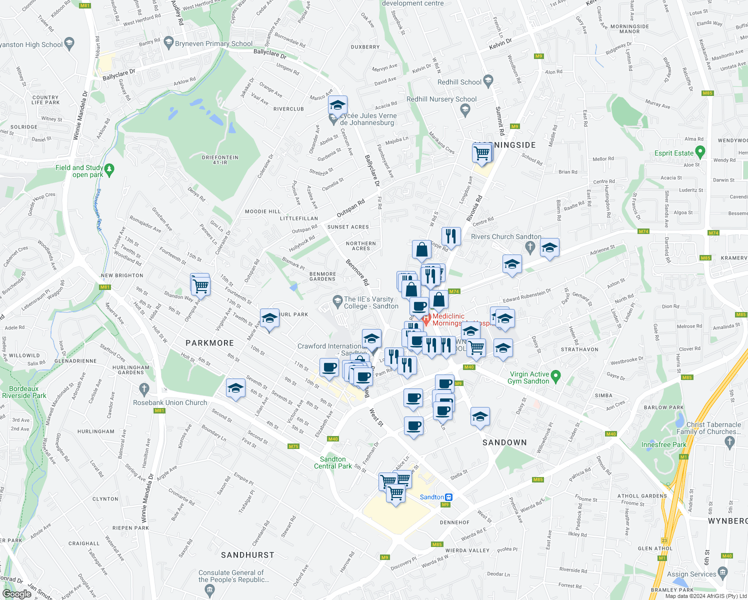 map of restaurants, bars, coffee shops, grocery stores, and more near Benmore Road in Sandton
