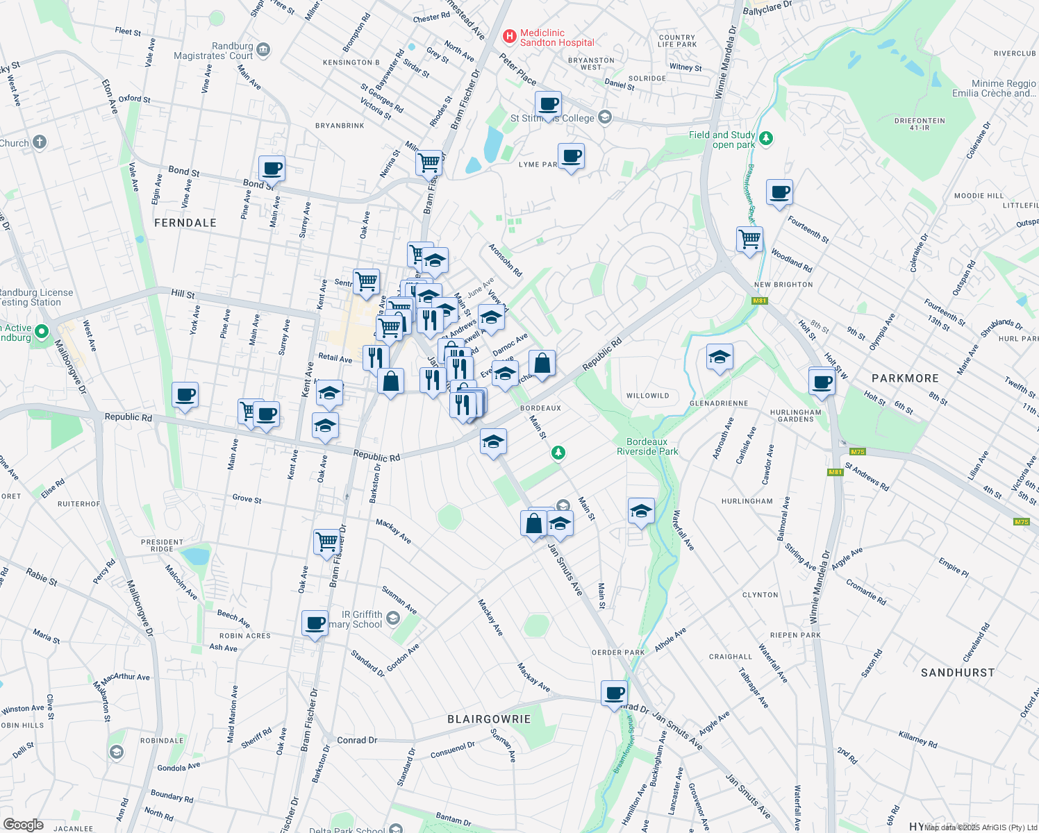 map of restaurants, bars, coffee shops, grocery stores, and more near 23 Republic Road in Randburg