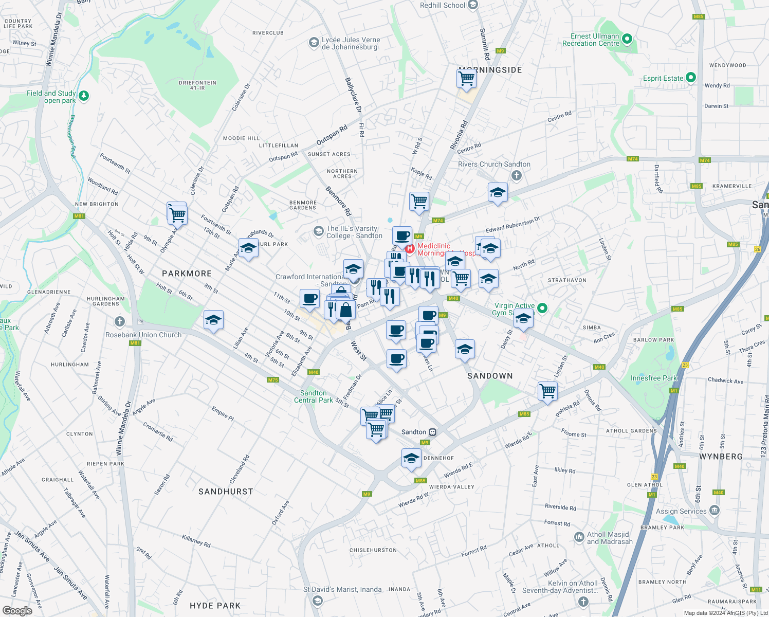 map of restaurants, bars, coffee shops, grocery stores, and more near 3 Stan Road in Sandton