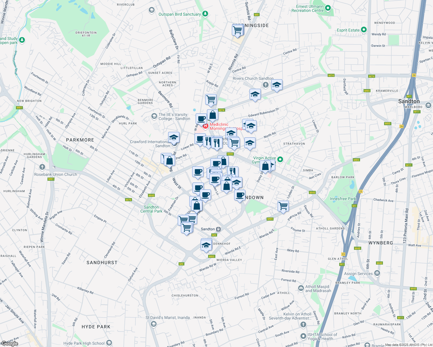 map of restaurants, bars, coffee shops, grocery stores, and more near 1 Fredman Drive in Sandton