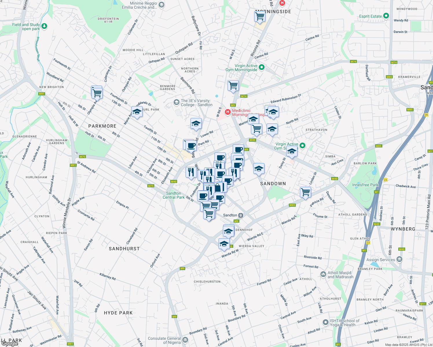 map of restaurants, bars, coffee shops, grocery stores, and more near 1 Fredman Drive in Sandton
