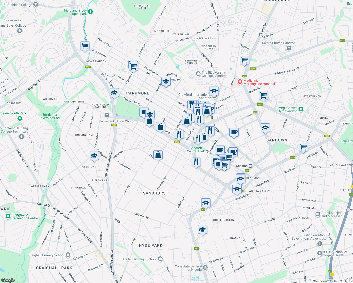 map of restaurants, bars, coffee shops, grocery stores, and more near Sandton Drive in Sandton