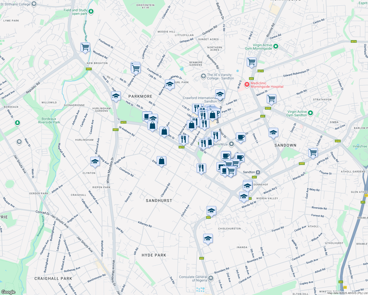 map of restaurants, bars, coffee shops, grocery stores, and more near Sandton Drive in Sandton