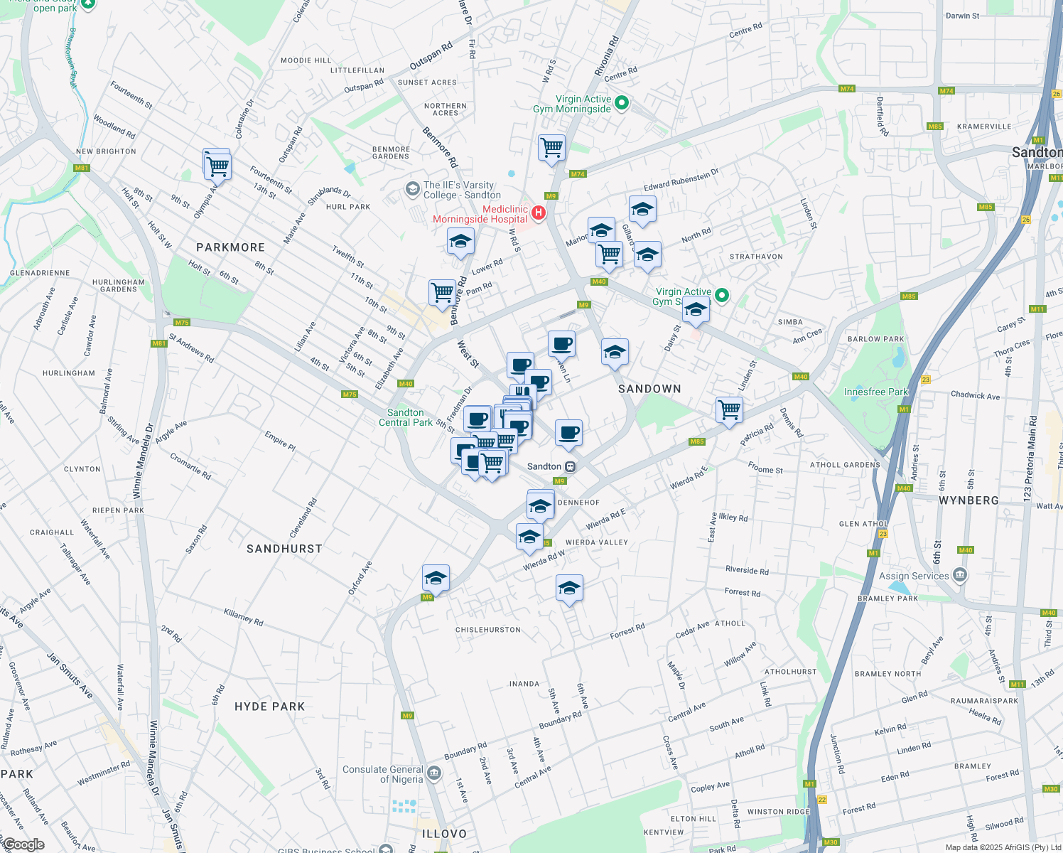 map of restaurants, bars, coffee shops, grocery stores, and more near 145 West Street in Sandton