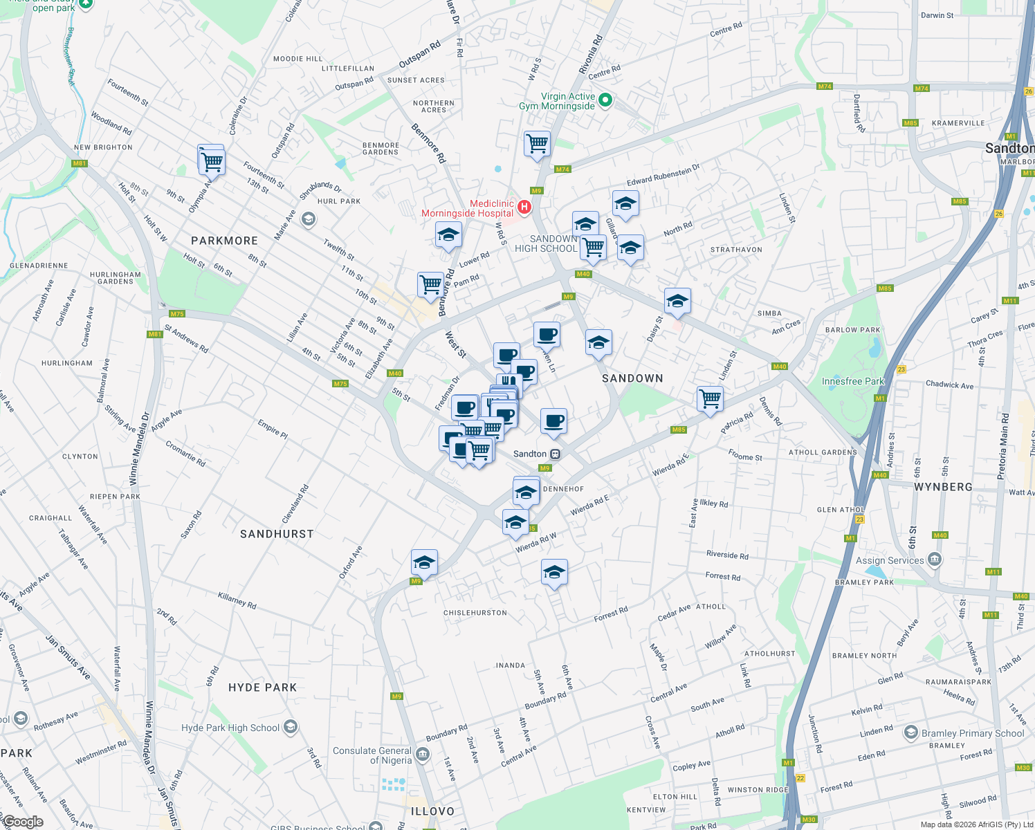 map of restaurants, bars, coffee shops, grocery stores, and more near 145 West Street in Sandton