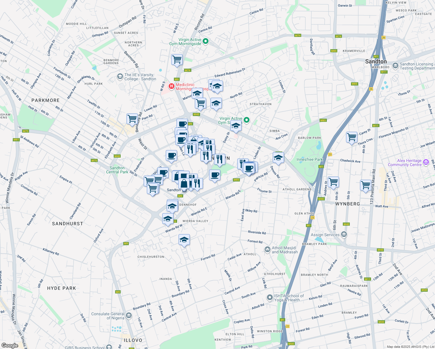 map of restaurants, bars, coffee shops, grocery stores, and more near 122 Pretoria Avenue in Sandton