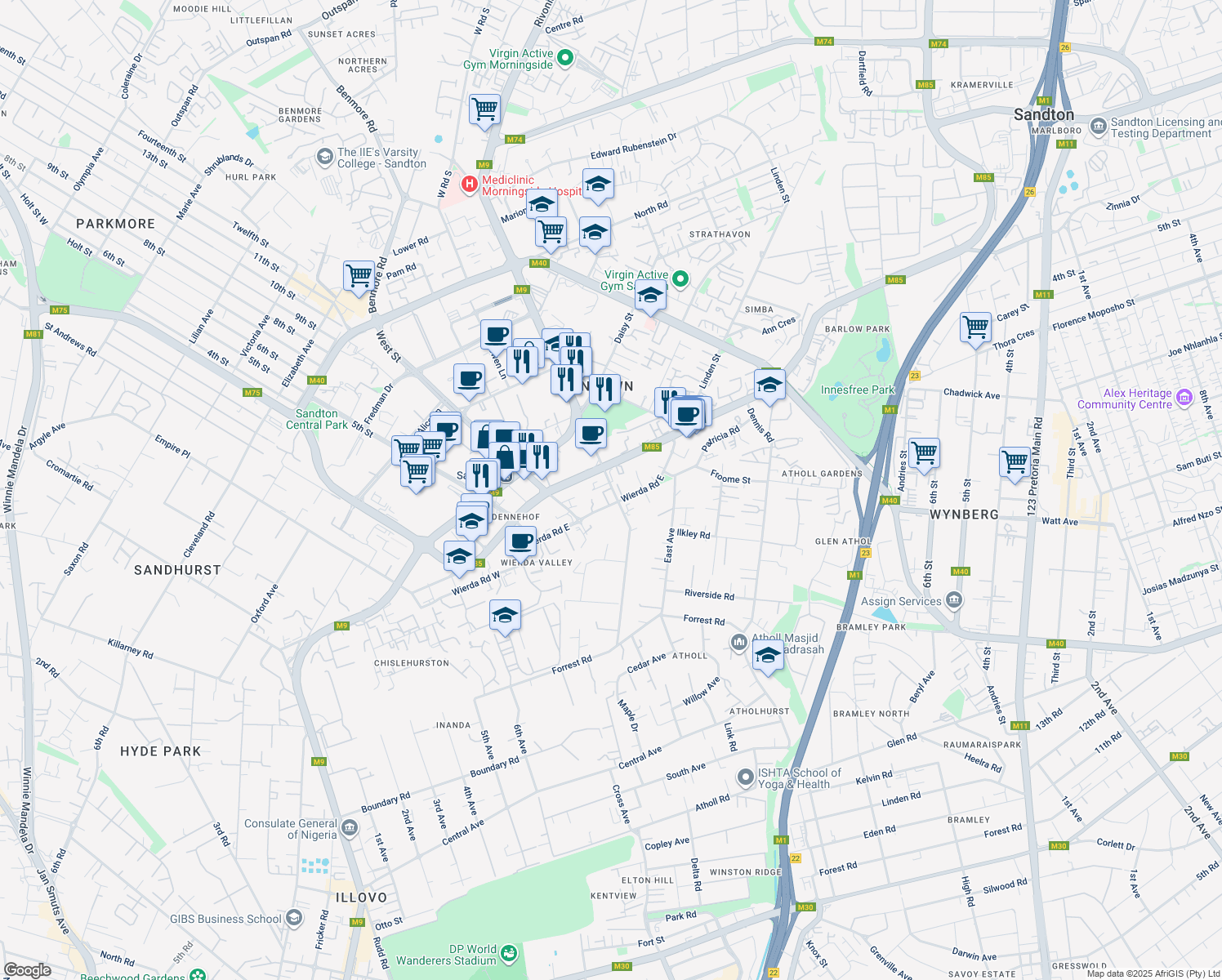map of restaurants, bars, coffee shops, grocery stores, and more near 101 Katherine Street in Sandton