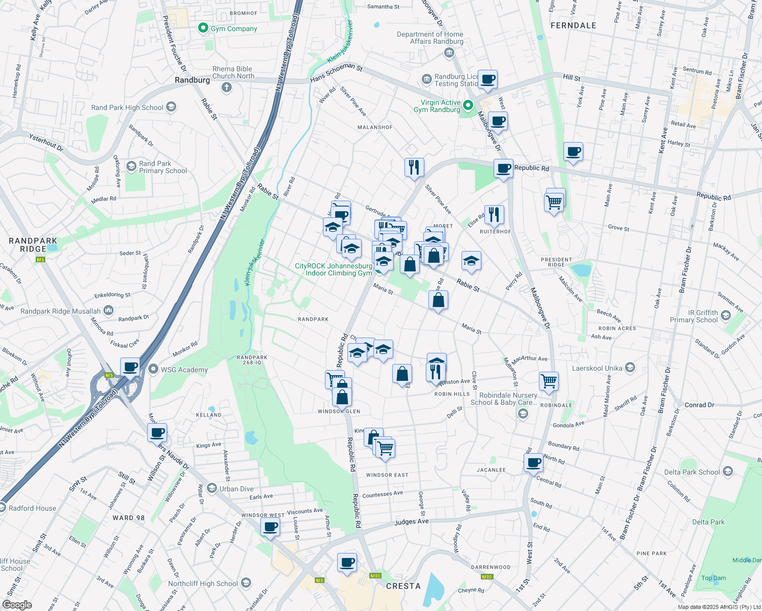 map of restaurants, bars, coffee shops, grocery stores, and more near 17 Fourth Avenue South in Randburg