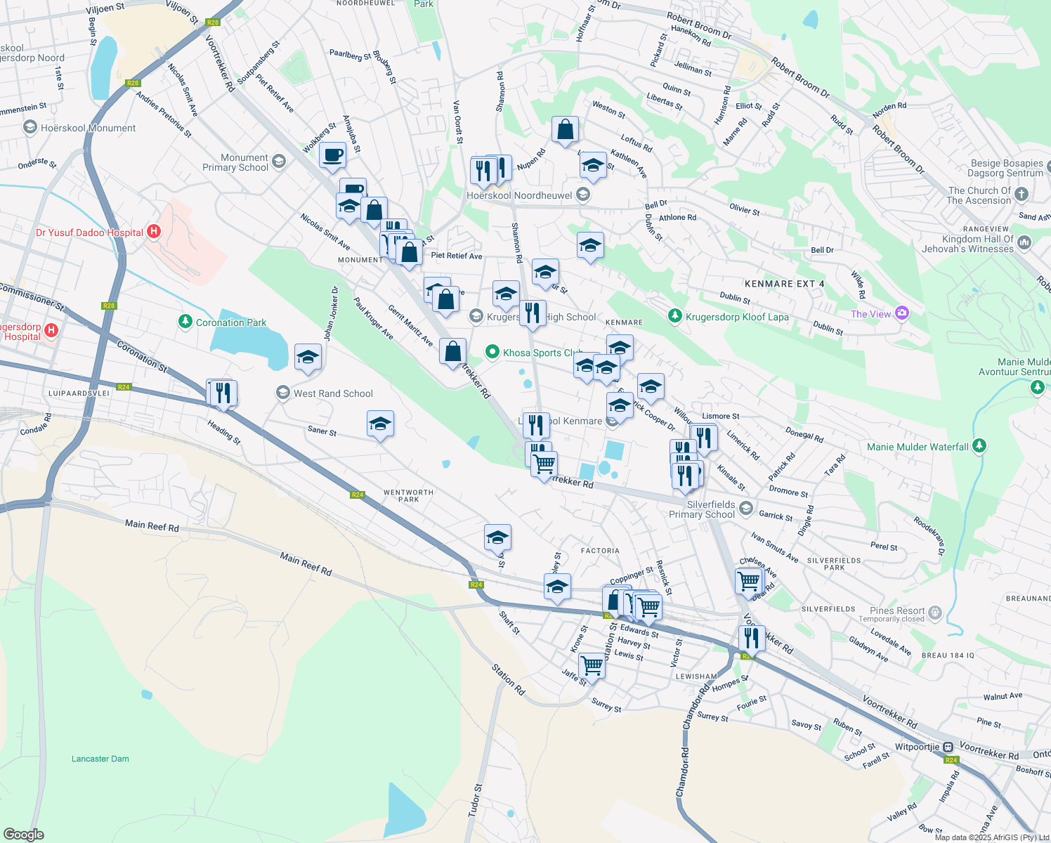 map of restaurants, bars, coffee shops, grocery stores, and more near 112 Voortrekker Road in Krugersdorp