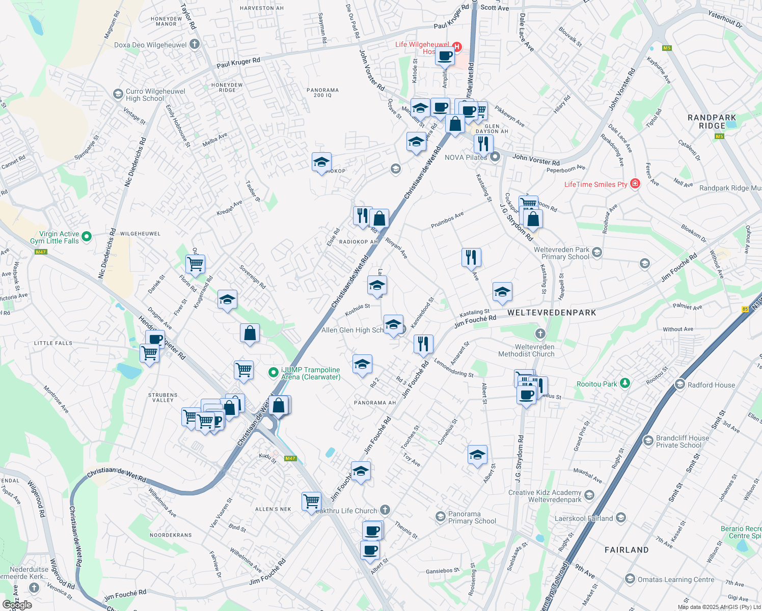 map of restaurants, bars, coffee shops, grocery stores, and more near in Roodepoort