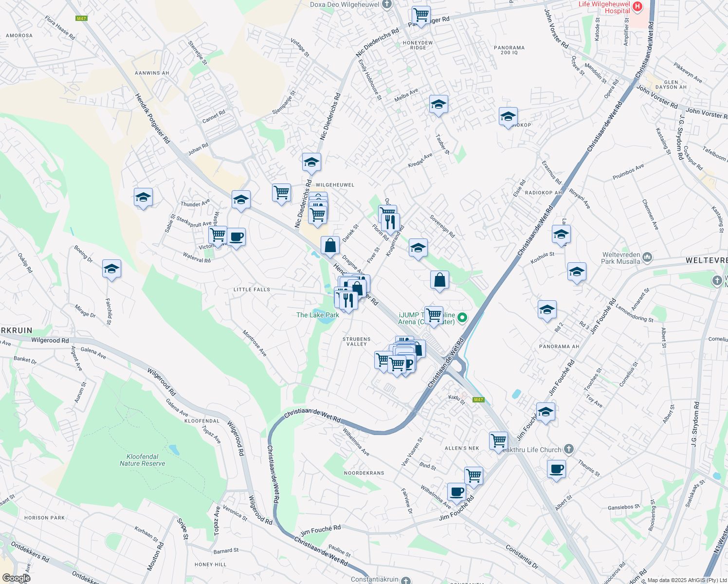 map of restaurants, bars, coffee shops, grocery stores, and more near in Roodepoort