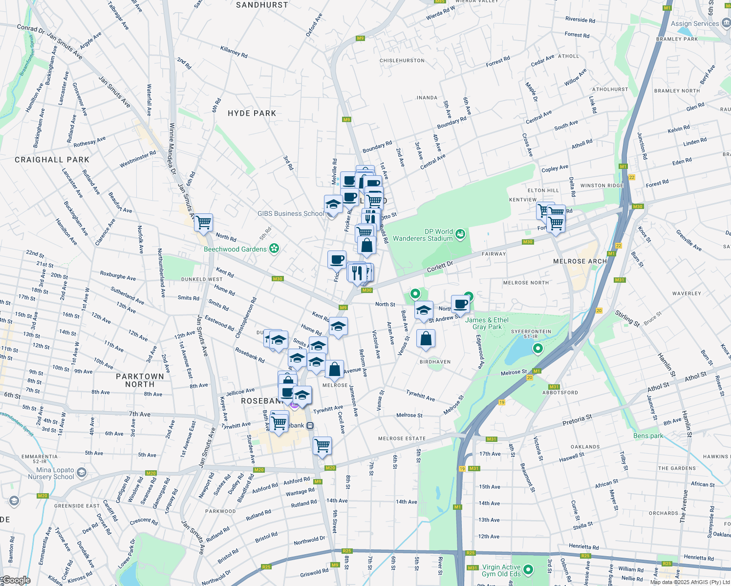 map of restaurants, bars, coffee shops, grocery stores, and more near 6 Corlett Drive in Sandton