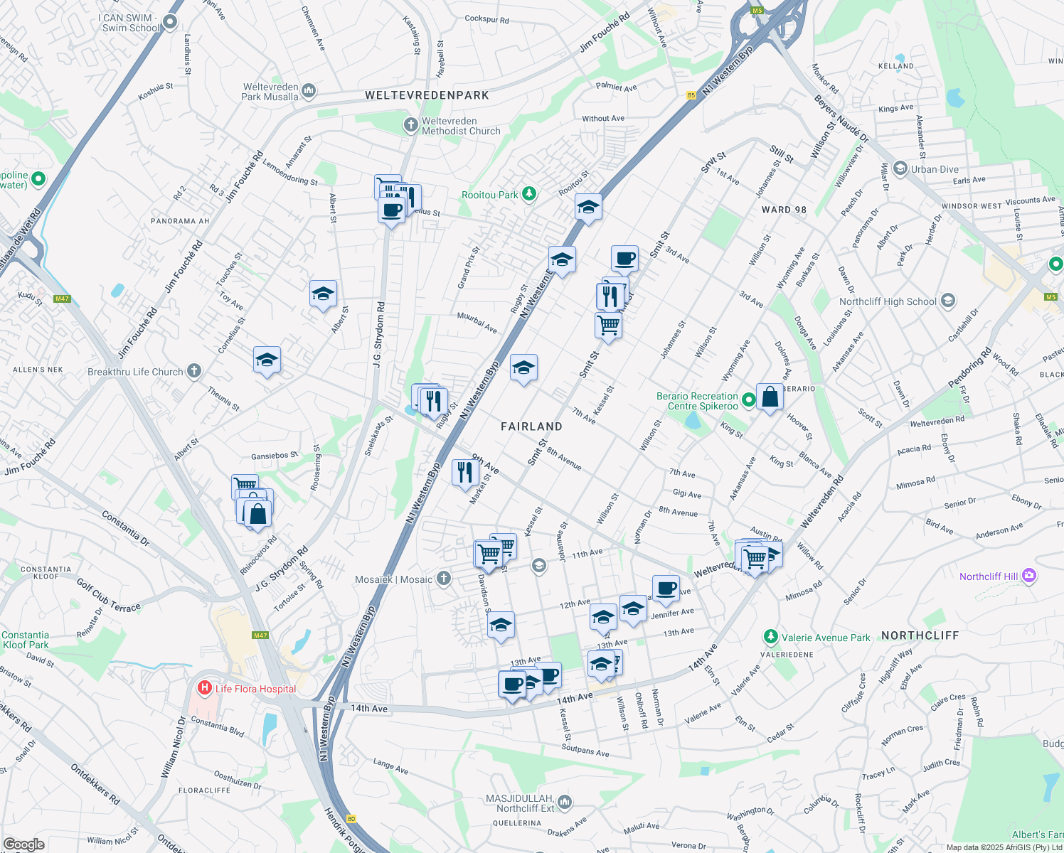 map of restaurants, bars, coffee shops, grocery stores, and more near in Randburg