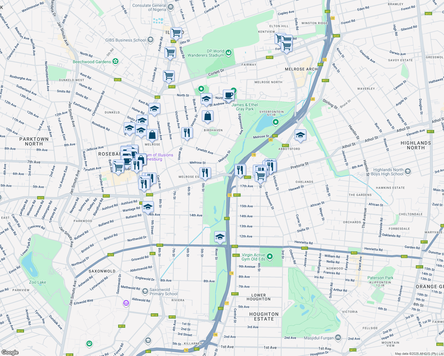 map of restaurants, bars, coffee shops, grocery stores, and more near 60 Glenhove Road in Johannesburg