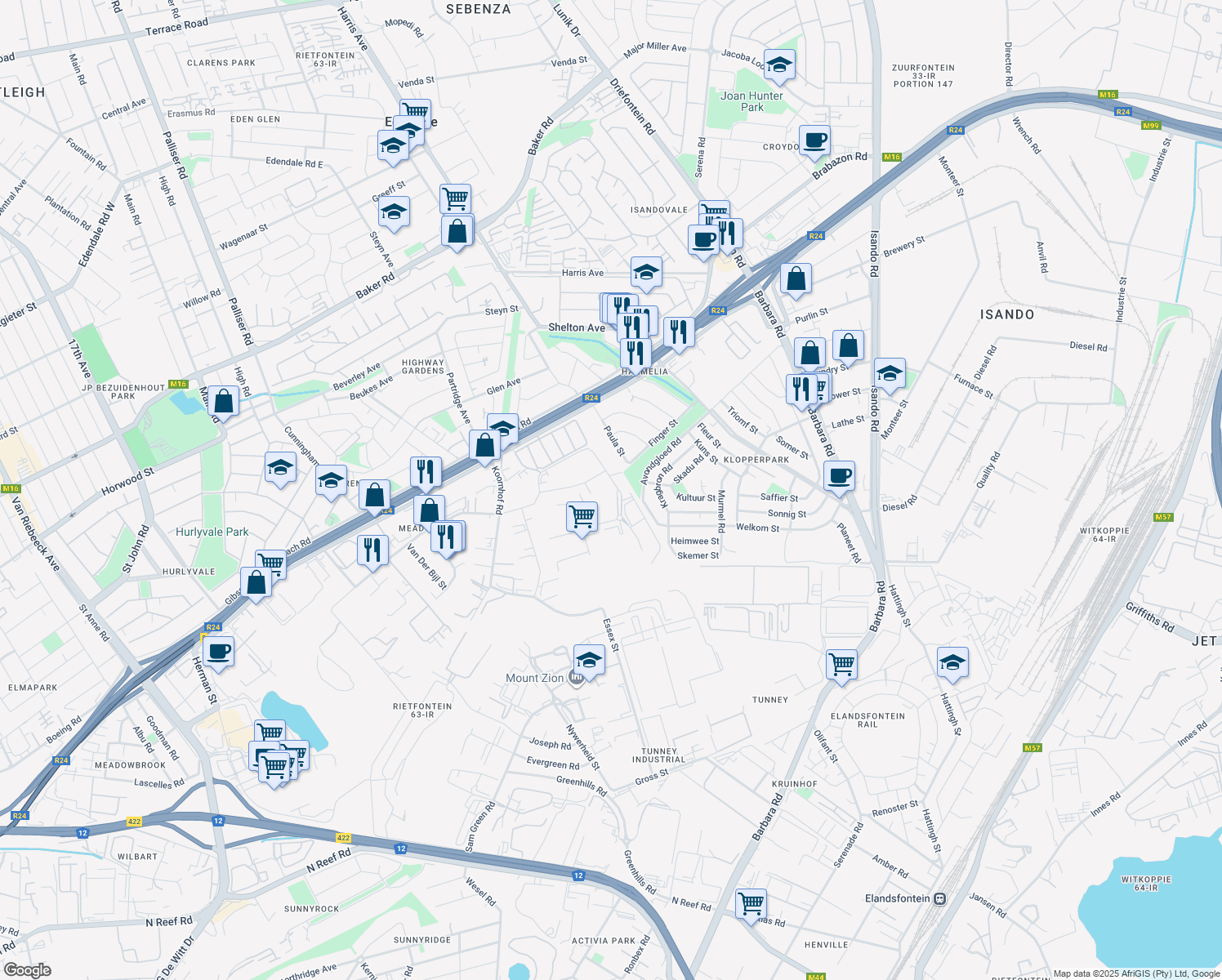 map of restaurants, bars, coffee shops, grocery stores, and more near 82 Bell Street in Germiston