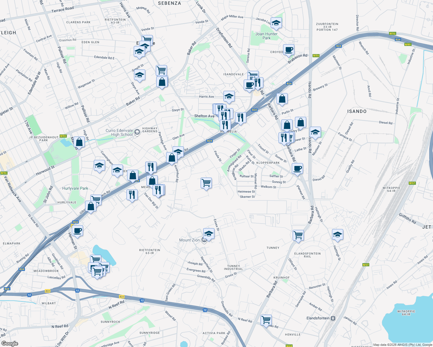 map of restaurants, bars, coffee shops, grocery stores, and more near 82 Bell Street in Germiston