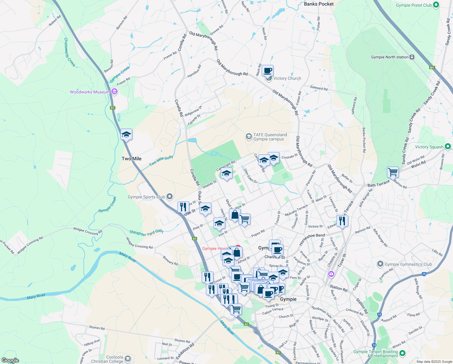 map of restaurants, bars, coffee shops, grocery stores, and more near 109 Myall Street in Gympie