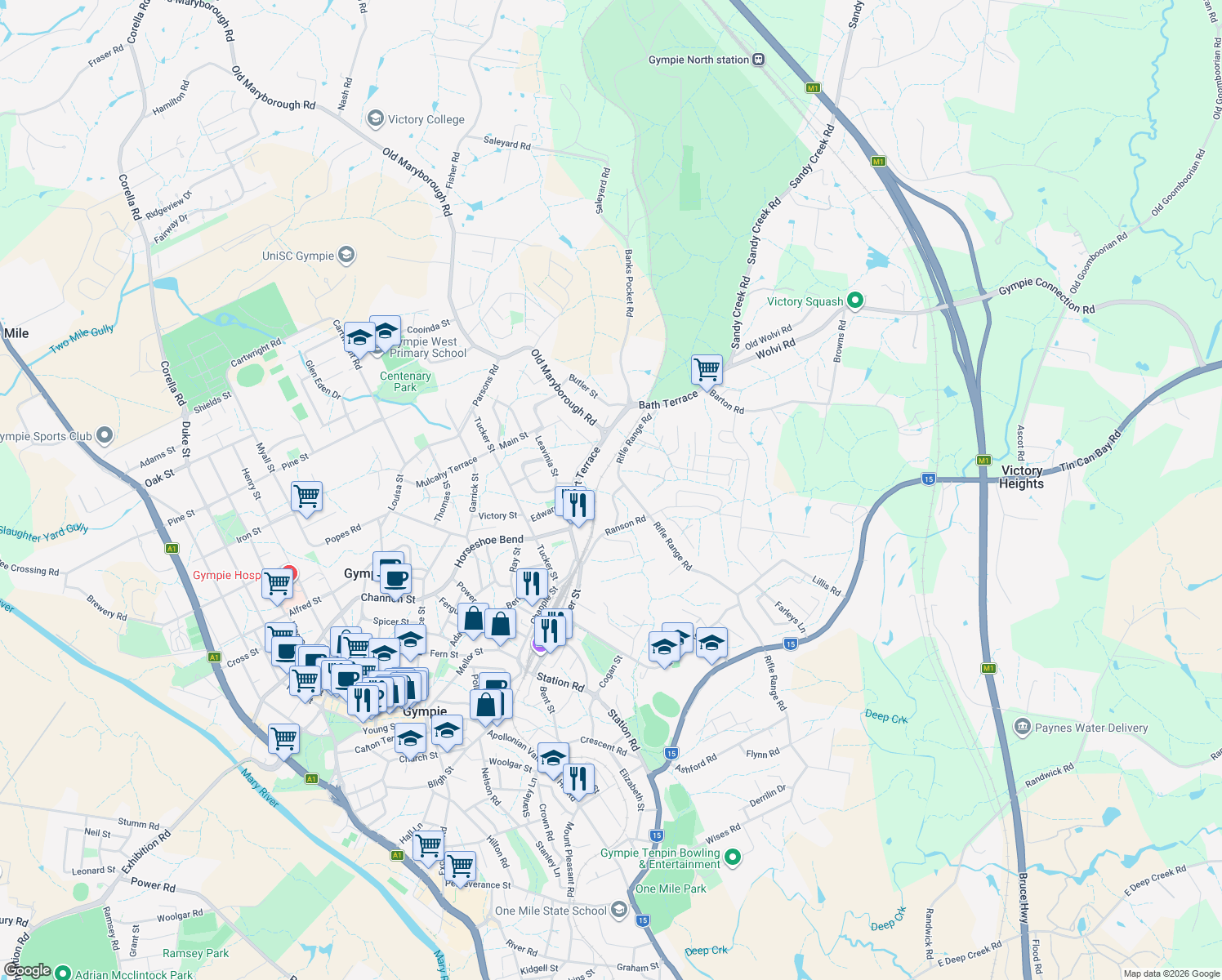 map of restaurants, bars, coffee shops, grocery stores, and more near 20 Pacey Street in Gympie