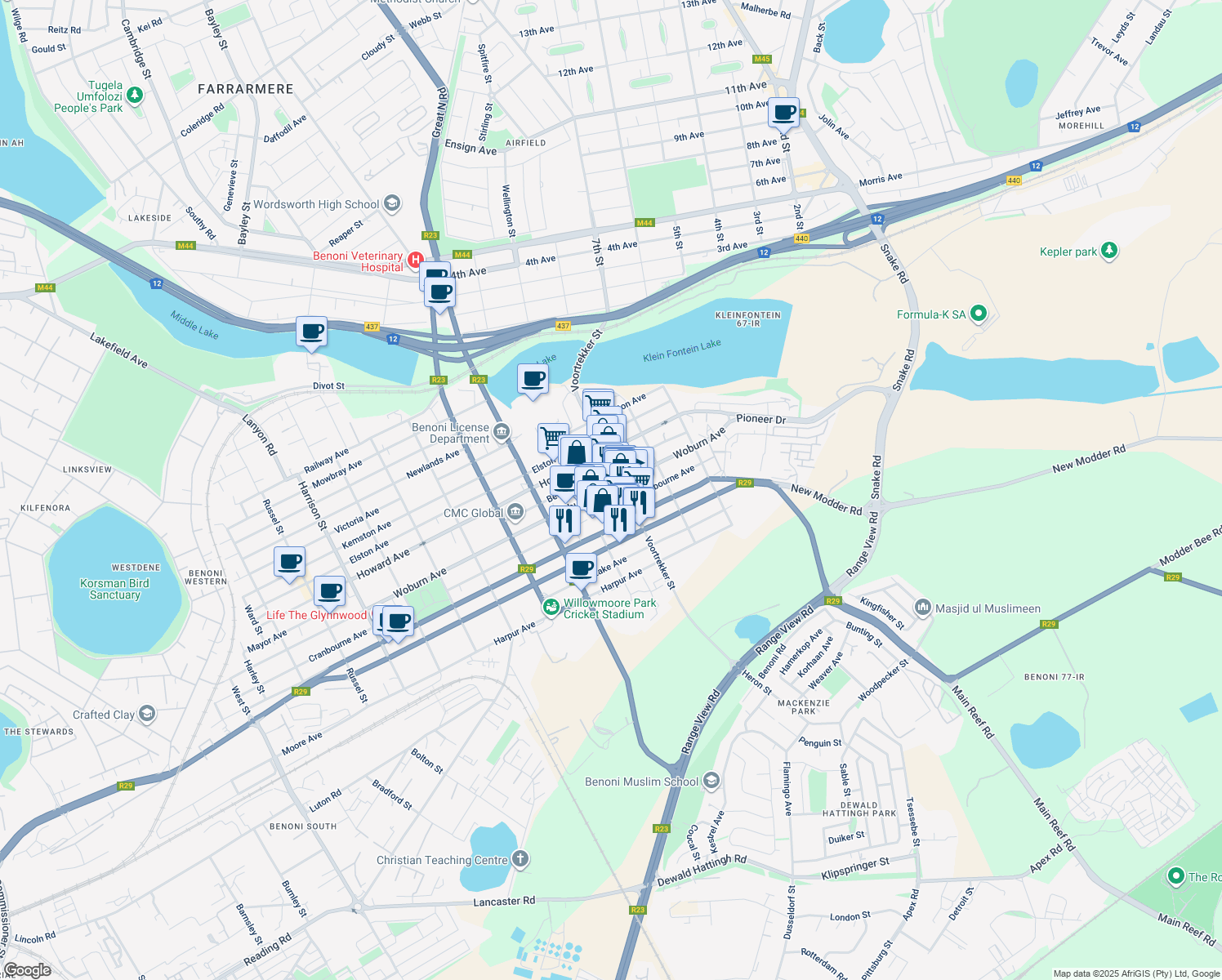 map of restaurants, bars, coffee shops, grocery stores, and more near 53 Woburn Avenue in Benoni