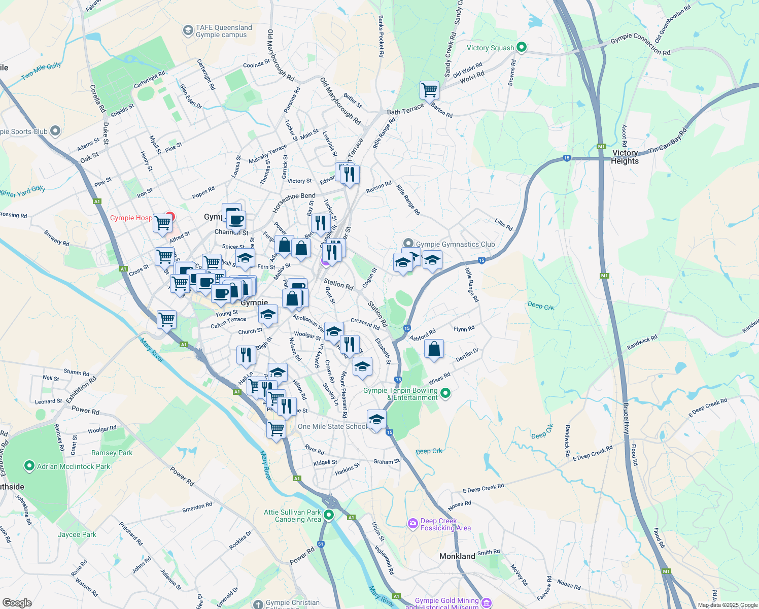 map of restaurants, bars, coffee shops, grocery stores, and more near 48 Station Road in Gympie