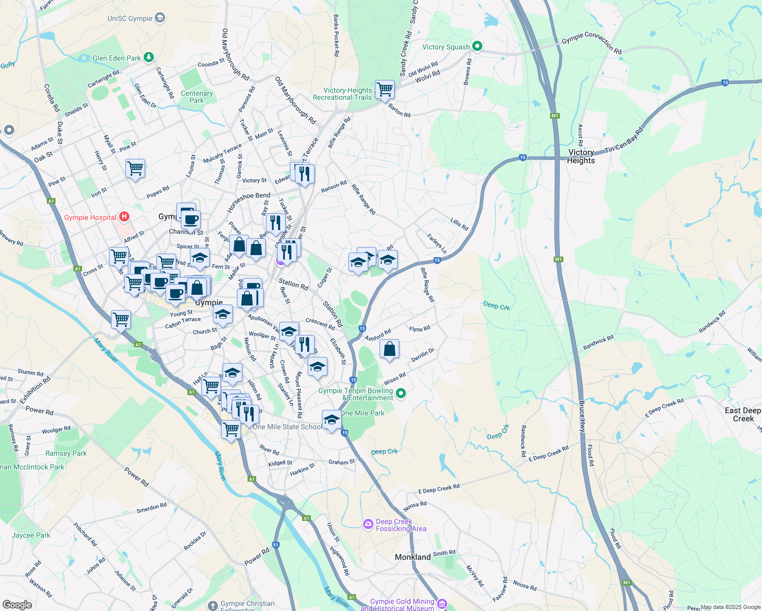 map of restaurants, bars, coffee shops, grocery stores, and more near 35 Cootharaba Road in Gympie