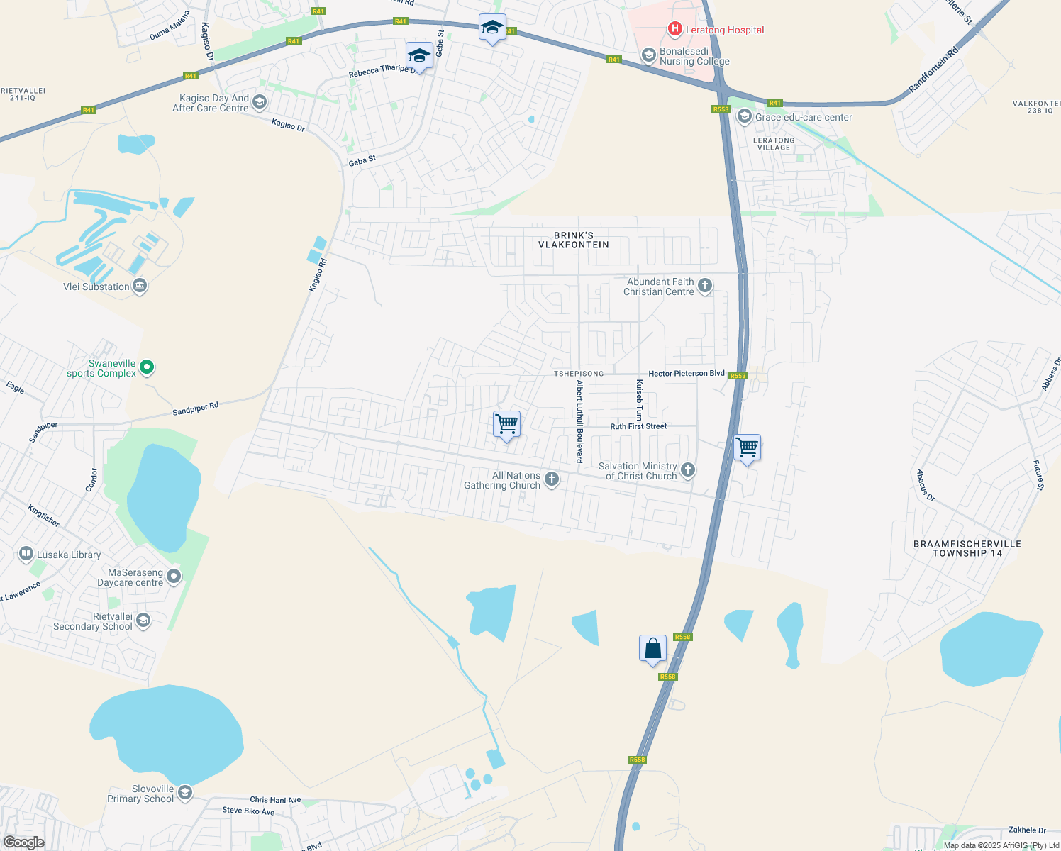 map of restaurants, bars, coffee shops, grocery stores, and more near 20 Protea Glen Extension in Soweto