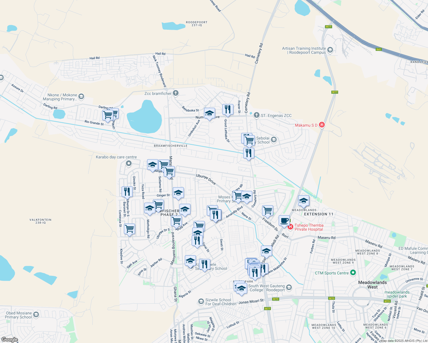 map of restaurants, bars, coffee shops, grocery stores, and more near in Soweto
