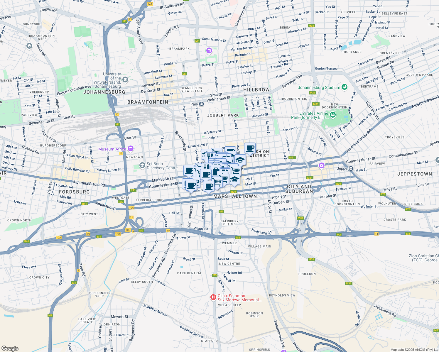 map of restaurants, bars, coffee shops, grocery stores, and more near 62 Eloff Street in Johannesburg