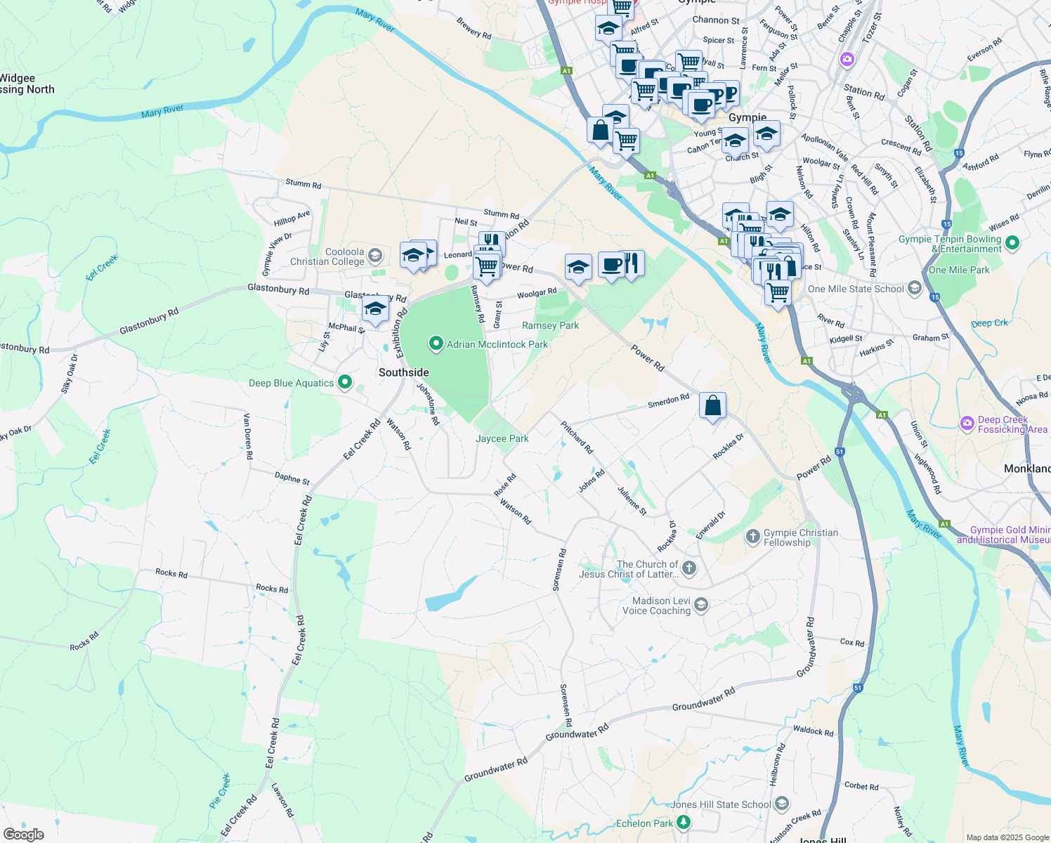 map of restaurants, bars, coffee shops, grocery stores, and more near 0 Copp Road in Southside