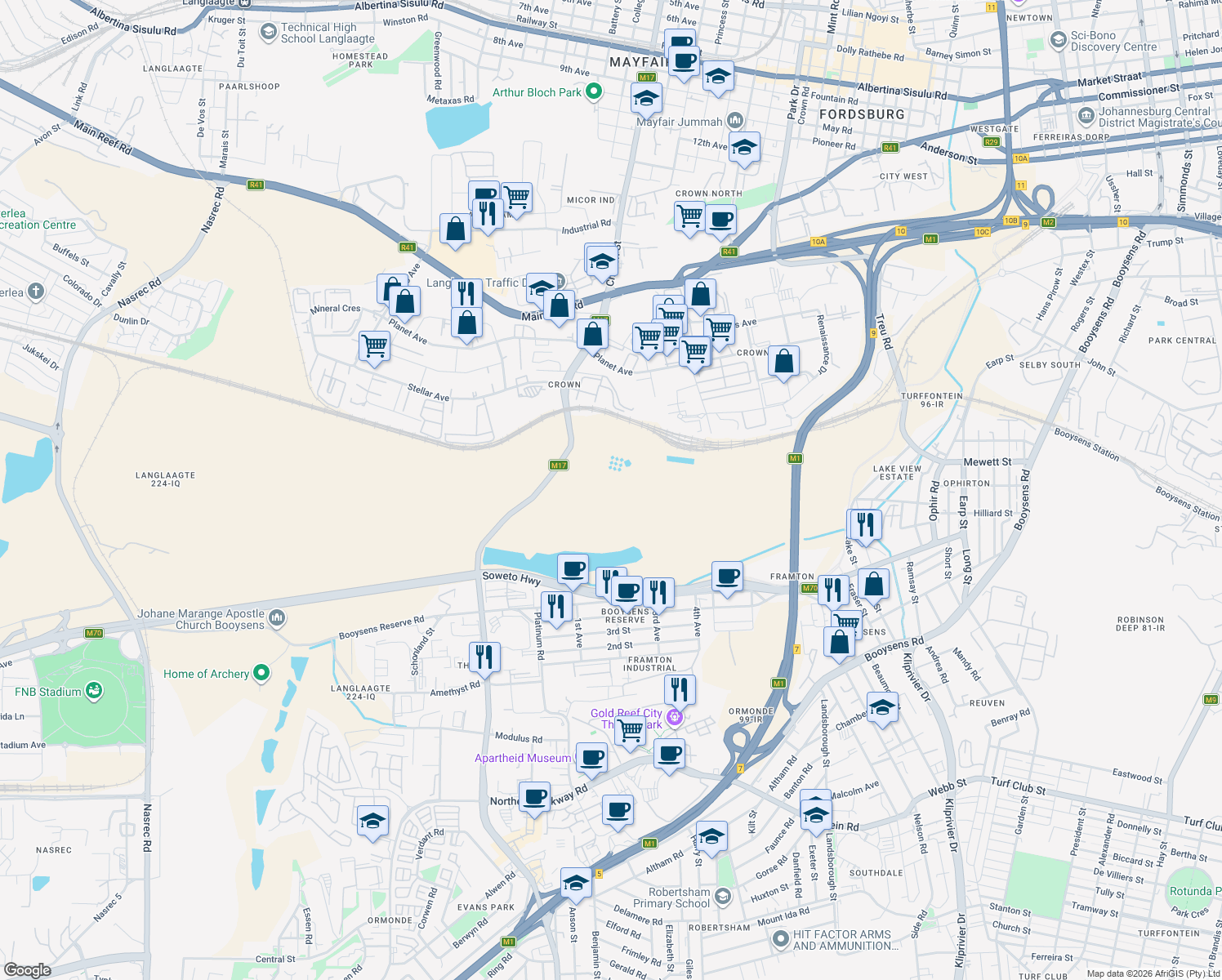 map of restaurants, bars, coffee shops, grocery stores, and more near in Johannesburg