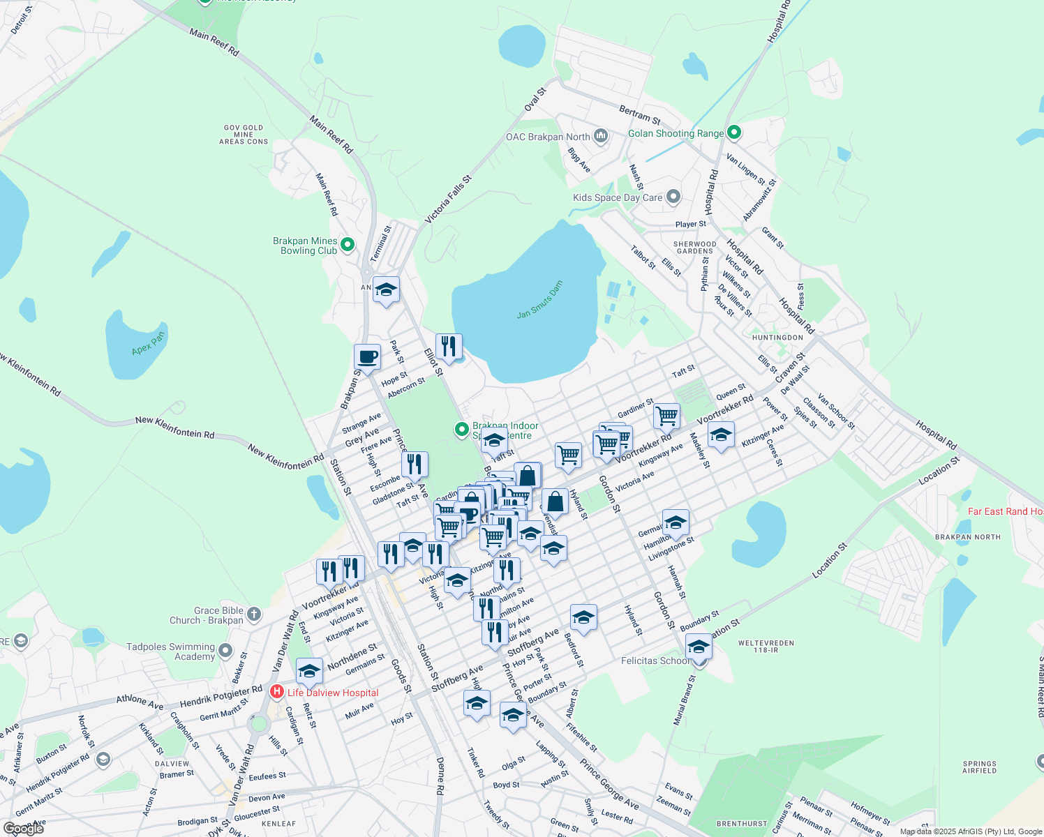 map of restaurants, bars, coffee shops, grocery stores, and more near Escombe Street in Brakpan