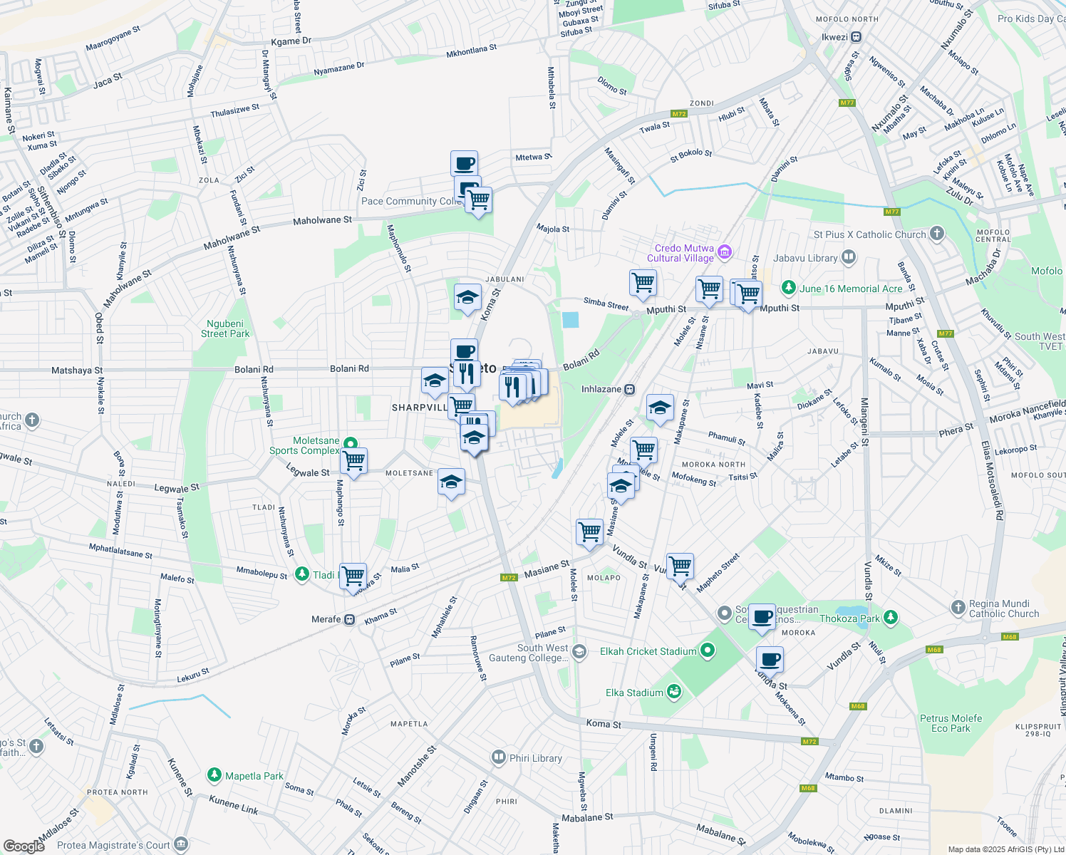map of restaurants, bars, coffee shops, grocery stores, and more near in Soweto