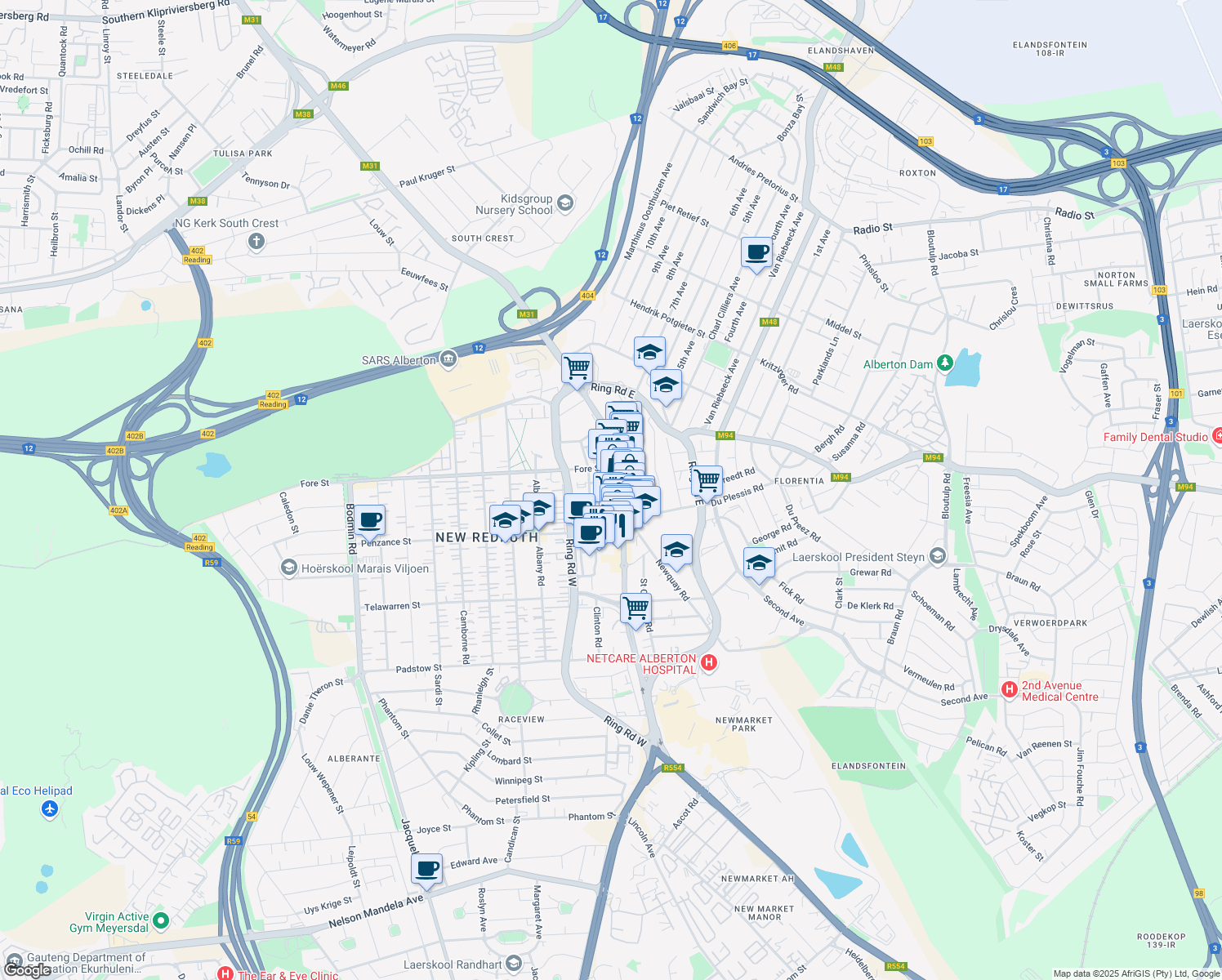 map of restaurants, bars, coffee shops, grocery stores, and more near 36 Voortrekker Road in Alberton